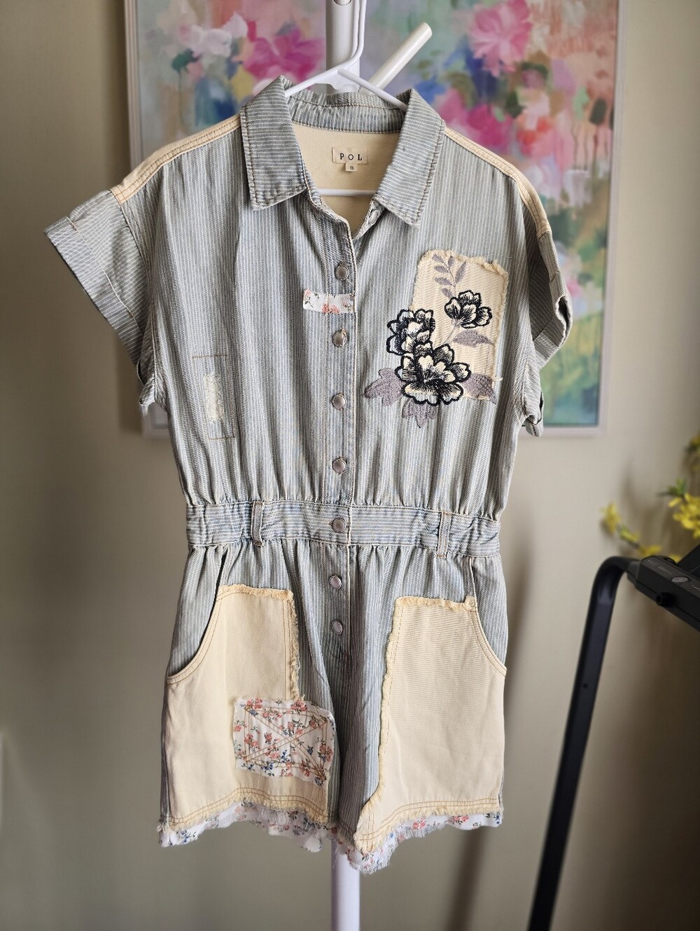 POL Striped Denim Patchwork Floral Embroidered Utility Romper Small NWOT - Picture 3 of 6